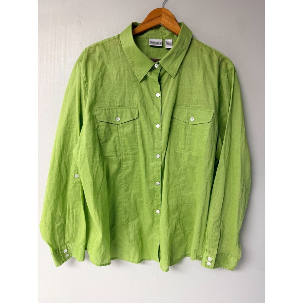 Chico's Danielle Women's Size 3 Green Cotton Button-Up Shirt NWT $58